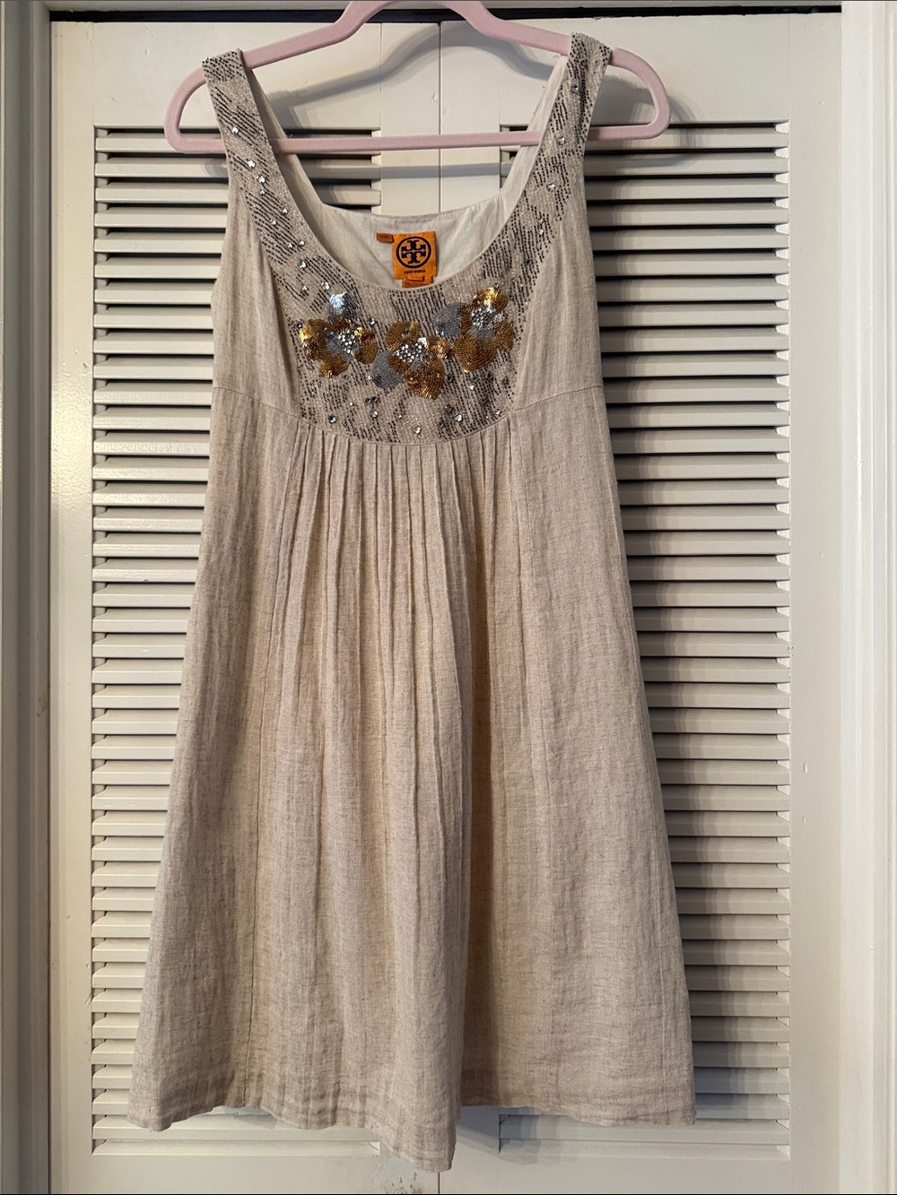 Tory Burch Cream Linen-Blend Sleeveless Dress with Sequin Floral Yoke